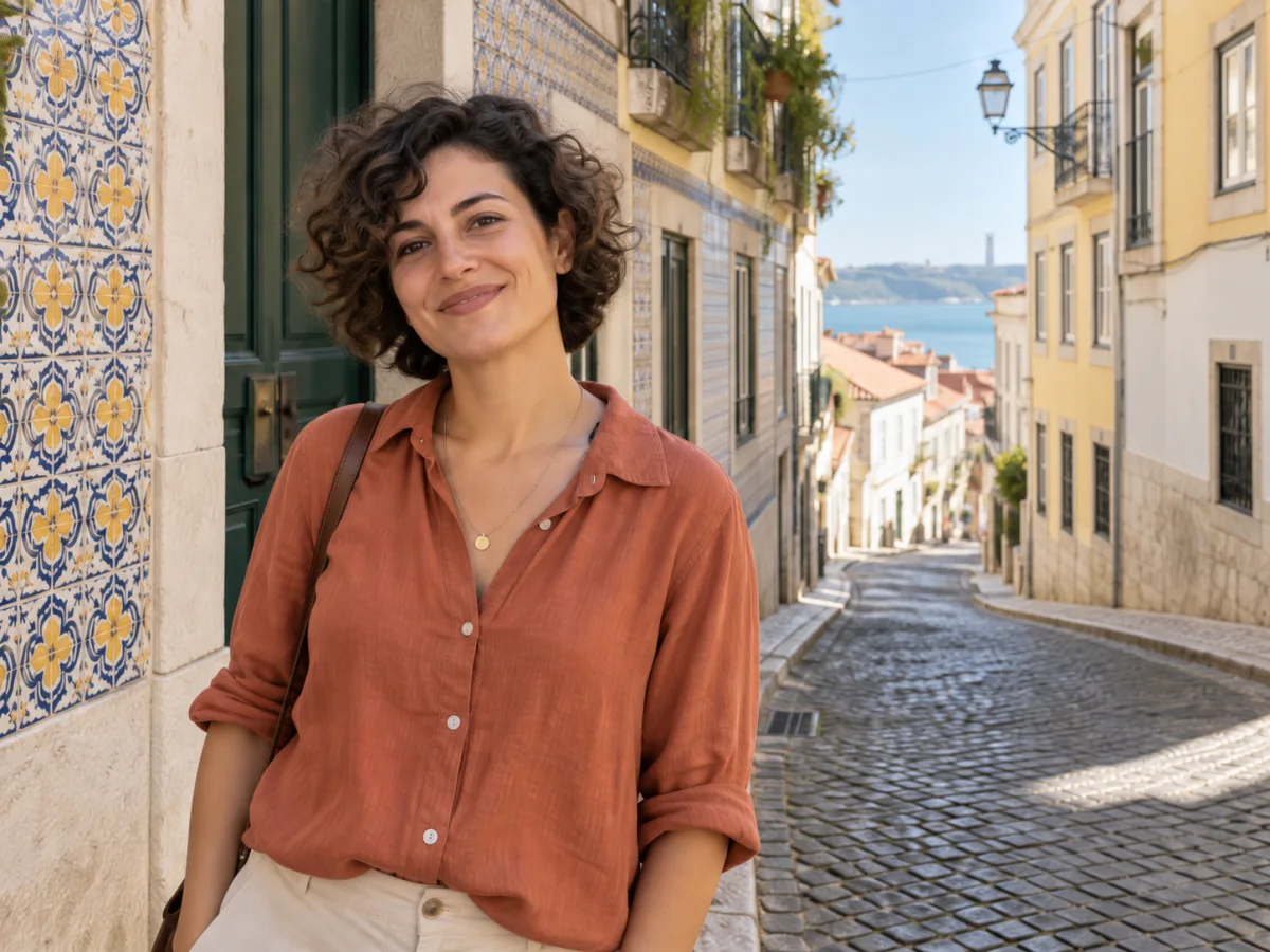 The same travel portrait with the background people and cone removed